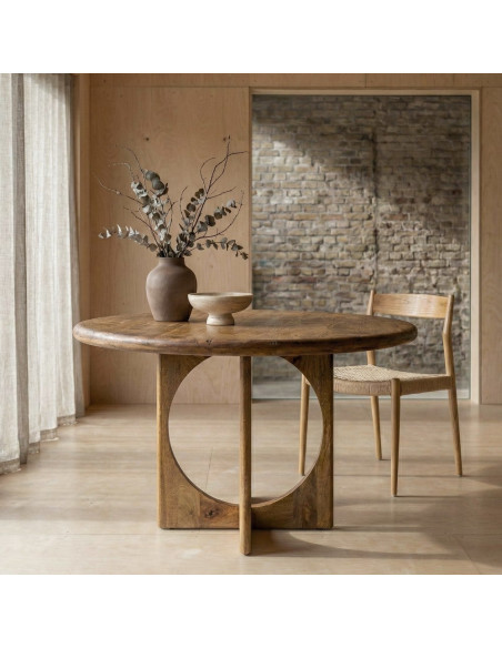 Grande Table à manger rétro chic Ronde 6 personnes 125 cm Bois de manguier Miel Calma 