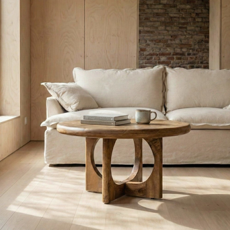 Table basse rétro chic Ronde 77 cm Bois de manguier Miel Calma 