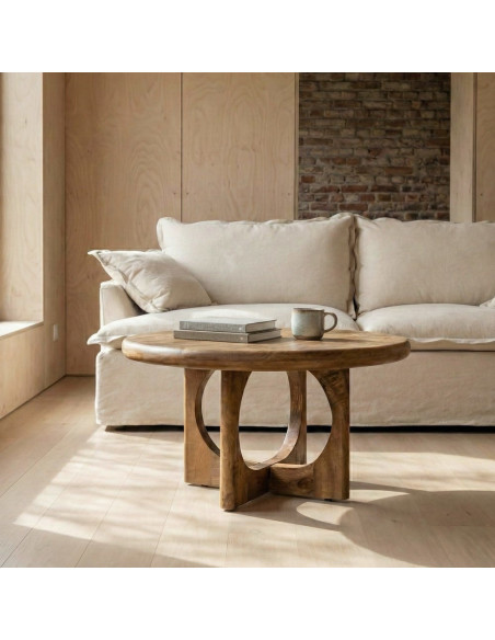 Table basse rétro chic Ronde 77 cm Bois de manguier Miel Calma 