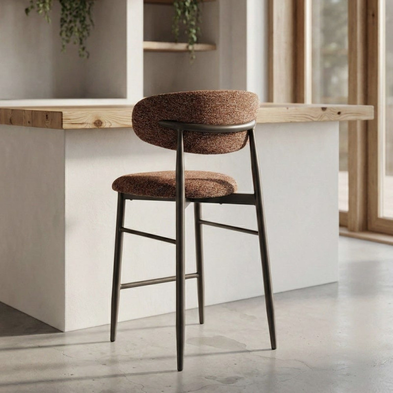 Lot de 2 Tabourets de bar rétro chic Tissu Rouge brique Chiné Métal Noir Mat Brasa 