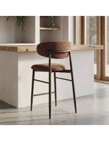 Lot de 2 Tabourets de bar rétro chic Tissu Rouge brique Chiné Métal Noir Mat Brasa 