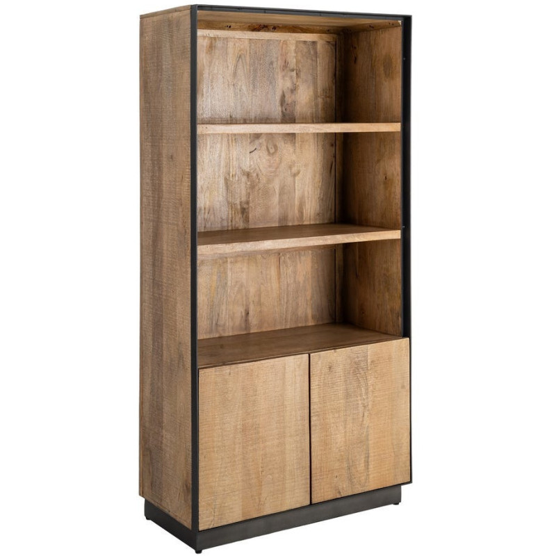 Grande Bibliothèque industrielle chic 2 portes 3 étagères Bois de manguier Naturel Métal Noir Ohio 