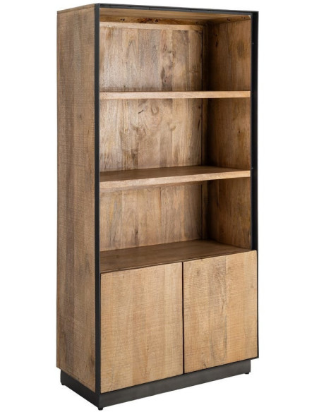 Grande Bibliothèque industrielle chic 2 portes 3 étagères Bois de manguier Naturel Métal Noir Ohio 