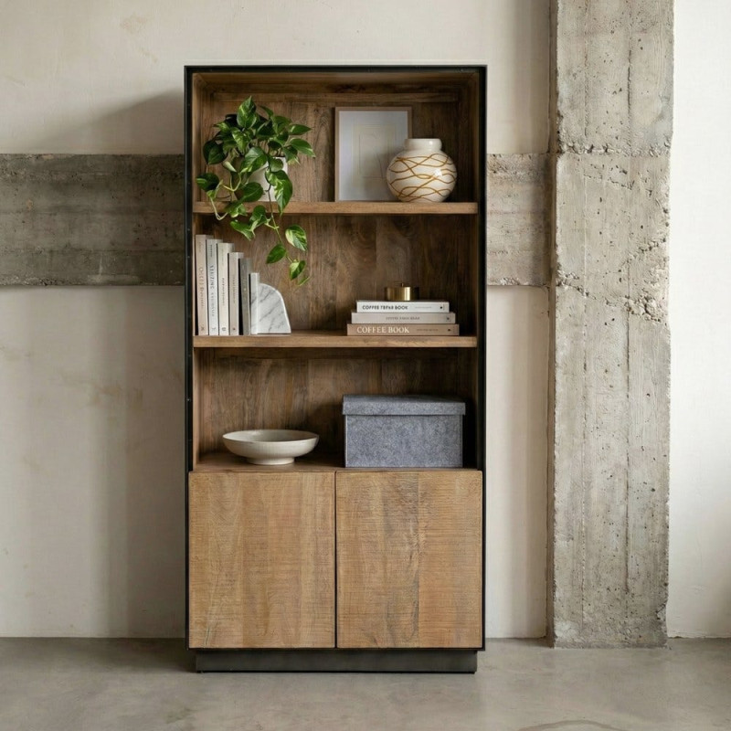 Grande Bibliothèque industrielle chic 2 portes 3 étagères Bois de manguier Naturel Métal Noir Ohio 