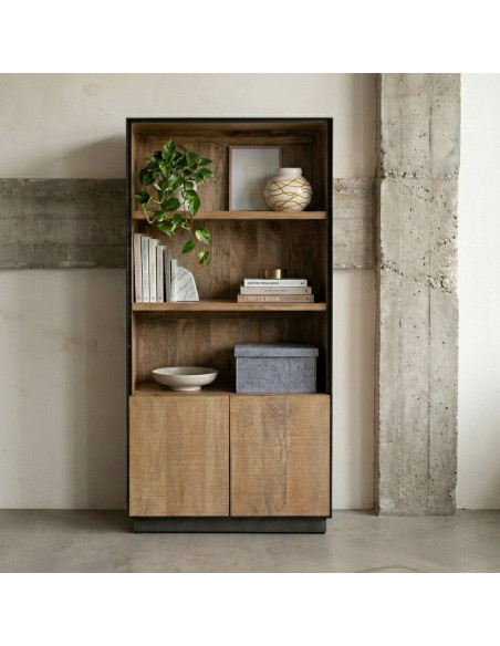 Grande Bibliothèque industrielle chic 2 portes 3 étagères Bois de manguier Naturel Métal Noir Ohio 