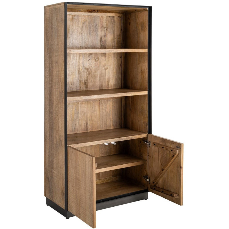 Grande Bibliothèque industrielle chic 2 portes 3 étagères Bois de manguier Naturel Métal Noir Ohio 