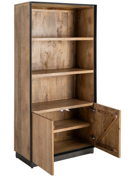 Grande Bibliothèque industrielle chic 2 portes 3 étagères Bois de manguier Naturel Métal Noir Ohio 