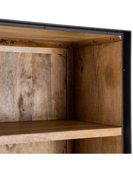 Grande Bibliothèque industrielle chic 2 portes 3 étagères Bois de manguier Naturel Métal Noir Ohio 