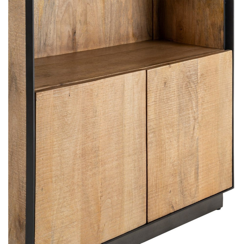 Grande Bibliothèque industrielle chic 2 portes 3 étagères Bois de manguier Naturel Métal Noir Ohio 