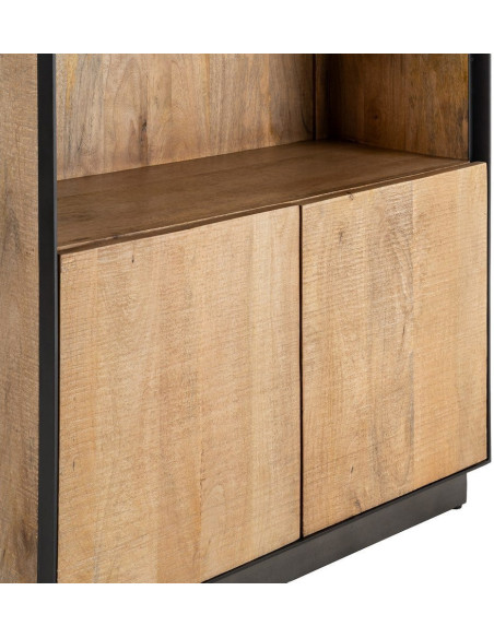 Grande Bibliothèque industrielle chic 2 portes 3 étagères Bois de manguier Naturel Métal Noir Ohio 