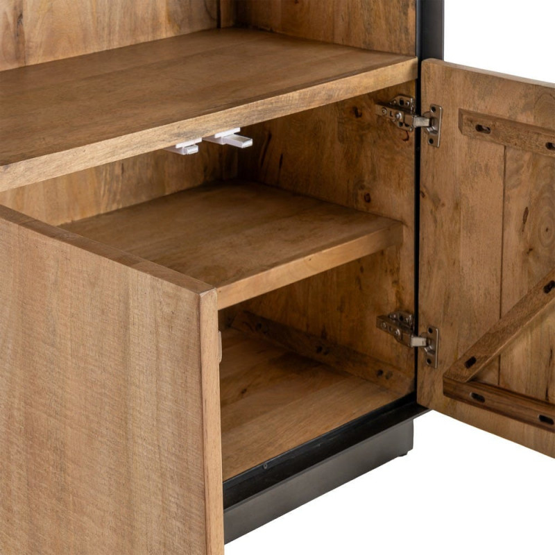 Grande Bibliothèque industrielle chic 2 portes 3 étagères Bois de manguier Naturel Métal Noir Ohio 