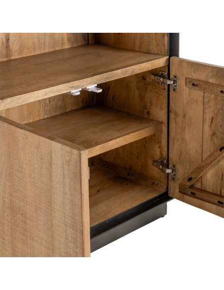 Grande Bibliothèque industrielle chic 2 portes 3 étagères Bois de manguier Naturel Métal Noir Ohio 