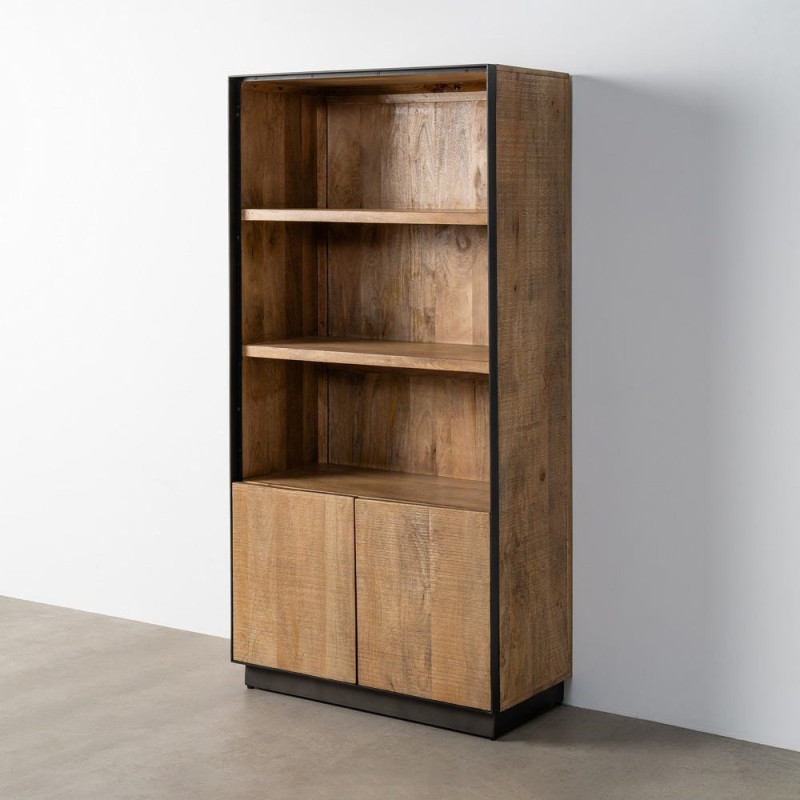 Grande Bibliothèque industrielle chic 2 portes 3 étagères Bois de manguier Naturel Métal Noir Ohio 