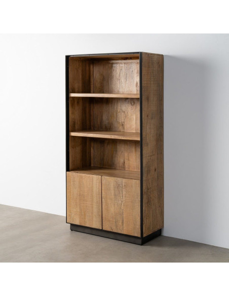 Grande Bibliothèque industrielle chic 2 portes 3 étagères Bois de manguier Naturel Métal Noir Ohio 