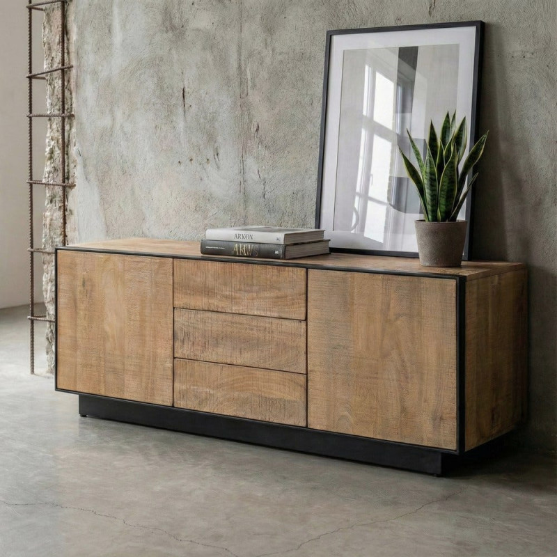 Buffet bahut industriel chic Bas 150 cm Bois de manguier Naturel Métal Noir Ohio 