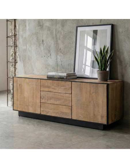Buffet bahut industriel chic Bas 150 cm Bois de manguier Naturel Métal Noir Ohio 