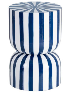 Table d'appoint graphique moderne Ronde 32 cm Métal Bleu Blanc Motif rayures Ollana 