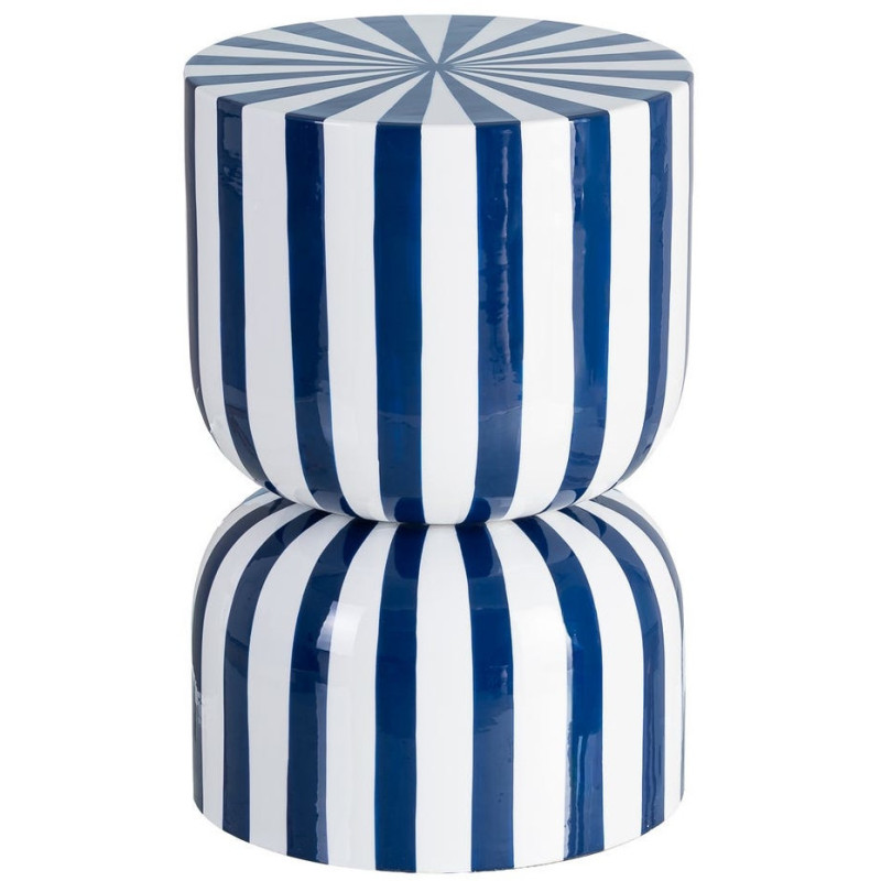 Table d'appoint graphique moderne Ronde 32 cm Métal Bleu Blanc Motif rayures Ollana 