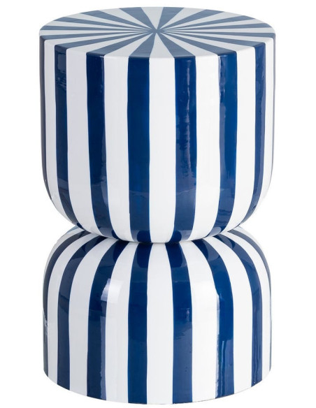 Table d'appoint graphique moderne Ronde 32 cm Métal Bleu Blanc Motif rayures Ollana 