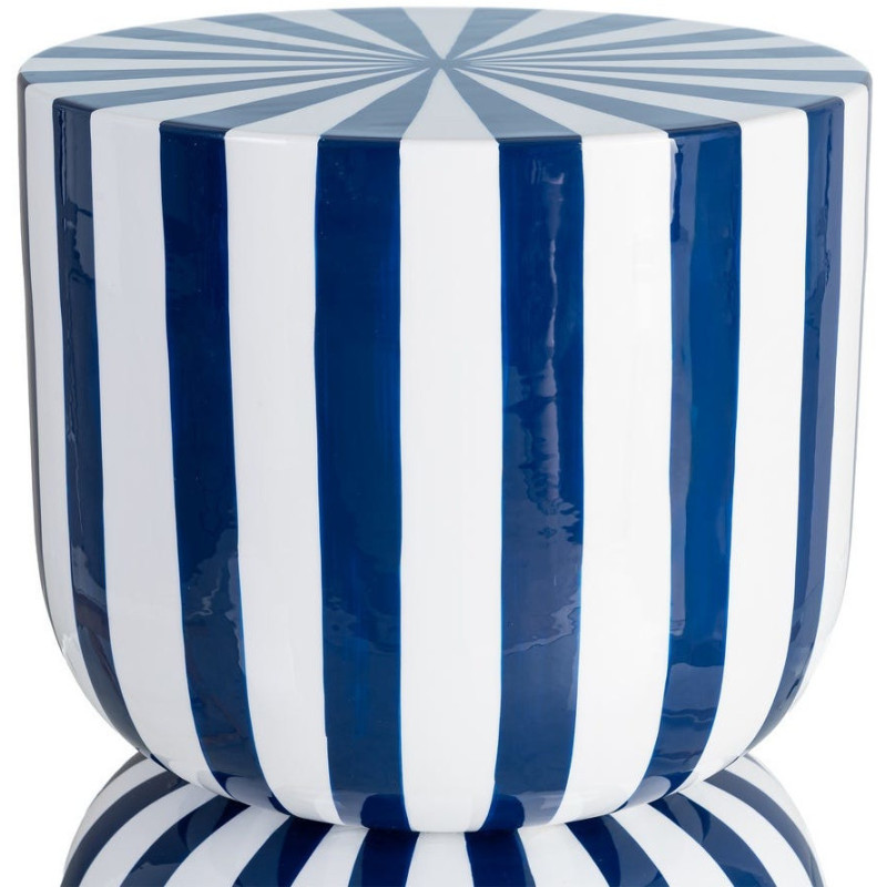 Table d'appoint graphique moderne Ronde 32 cm Métal Bleu Blanc Motif rayures Ollana 