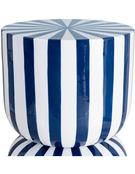 Table d'appoint graphique moderne Ronde 32 cm Métal Bleu Blanc Motif rayures Ollana 
