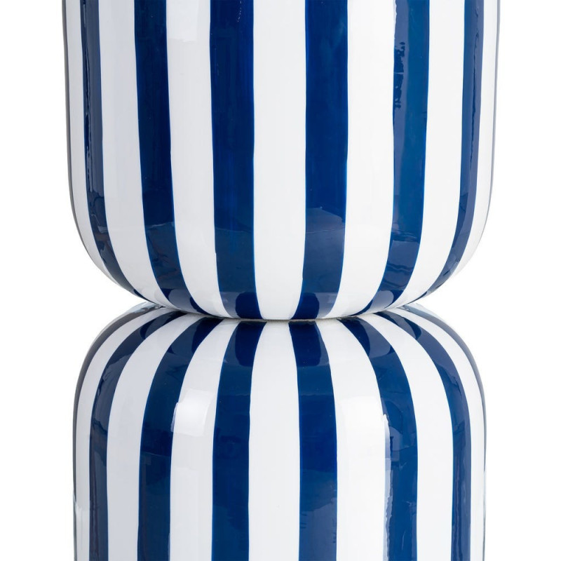 Table d'appoint graphique moderne Ronde 32 cm Métal Bleu Blanc Motif rayures Ollana 