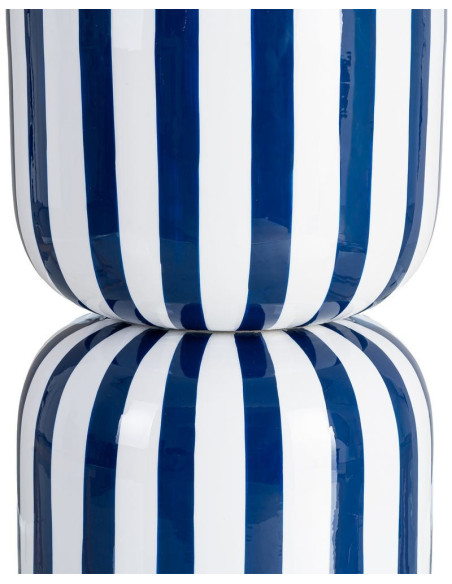 Table d'appoint graphique moderne Ronde 32 cm Métal Bleu Blanc Motif rayures Ollana 