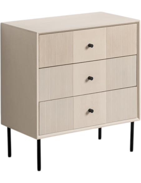 Grande Table de chevet minimaliste chic 3 tiroirs 61 cm Bois MDF Blanc crème Métal Noir Marfil