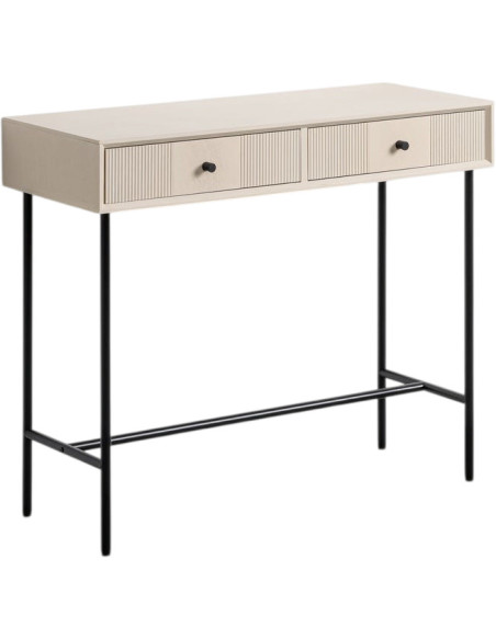 Console d'entrée minimaliste chic Rectangulaire 2 tiroirs 90 cm Bois MDF Blanc crème Métal Noir Marfil