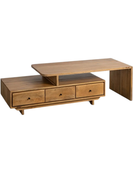 Grande Table basse japandi modulable Rectangulaire 3 tiroirs 2 niveaux en Bois de manguier Naturel Lavian