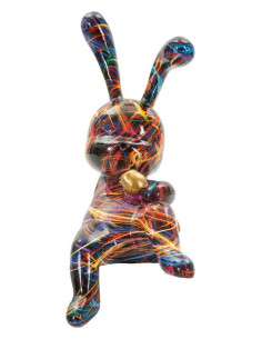 Statuette design Pop Art Lapin Boule Hauteur 22 cm Résine Multicolore Motif lignes Psyco 