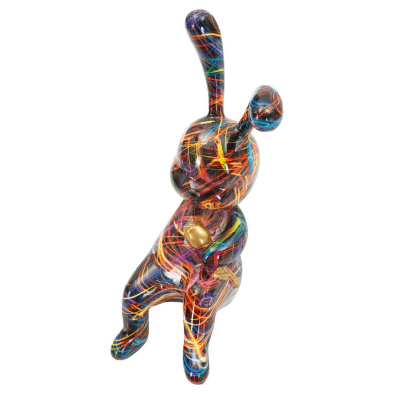 Statuette design Pop Art Lapin Boule Hauteur 22 cm Résine Multicolore Motif lignes Psyco 