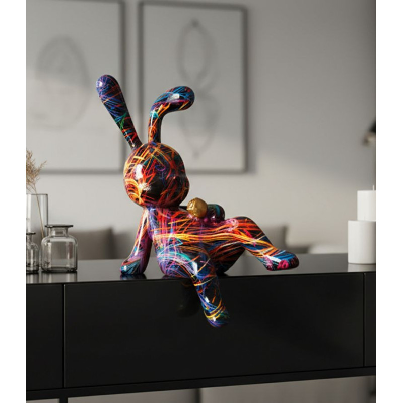 Statuette design Pop Art Lapin Boule Hauteur 22 cm Résine Multicolore Motif lignes Psyco 