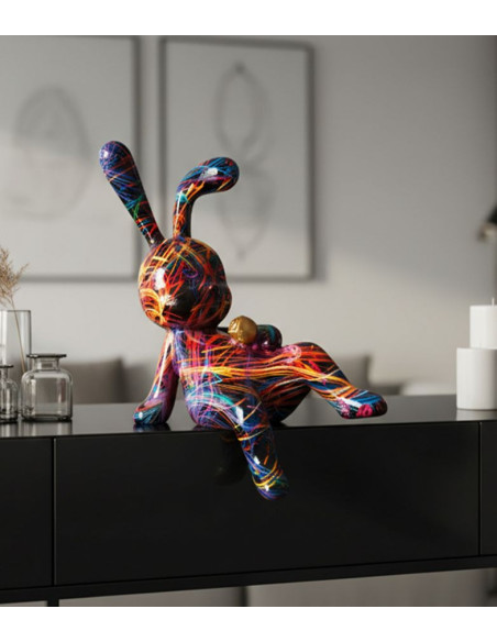 Statuette design Pop Art Lapin Boule Hauteur 22 cm Résine Multicolore Motif lignes Psyco 