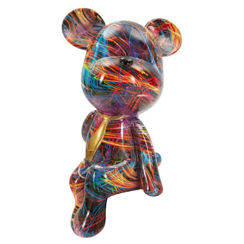 Statuette design Pop Art Ourson Chic Hauteur 23 cm Résine Multicolore Motif lignes Doré Psyco 