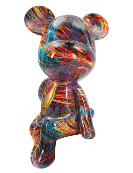 Statuette design Pop Art Ourson Chic Hauteur 23 cm Résine Multicolore Motif lignes Doré Psyco 