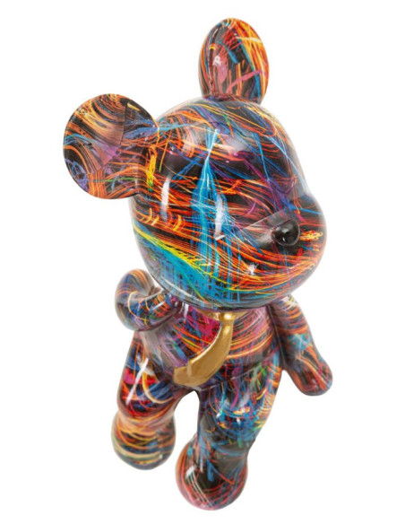 Statuette design Pop Art Ourson Chic Hauteur 23 cm Résine Multicolore Motif lignes Doré Psyco 