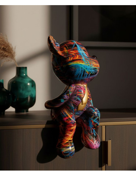 Statuette design Pop Art Ourson Chic Hauteur 23 cm Résine Multicolore Motif lignes Doré Psyco 