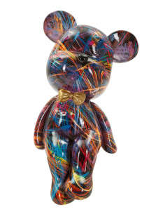 Statuette design Pop Art Ourson Chic Hauteur 25 cm Résine Multicolore Motif lignes Doré Psyco 