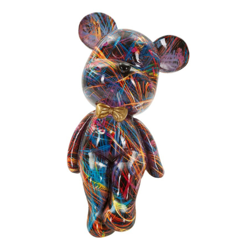 Statuette design Pop Art Ourson Chic Hauteur 25 cm Résine Multicolore Motif lignes Doré Psyco 