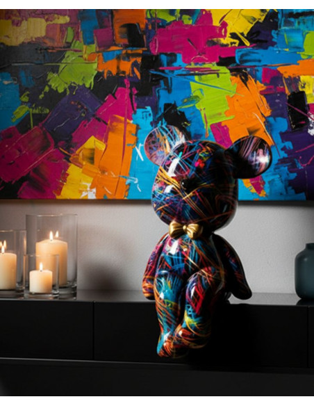 Statuette design Pop Art Ourson Chic Hauteur 25 cm Résine Multicolore Motif lignes Doré Psyco 