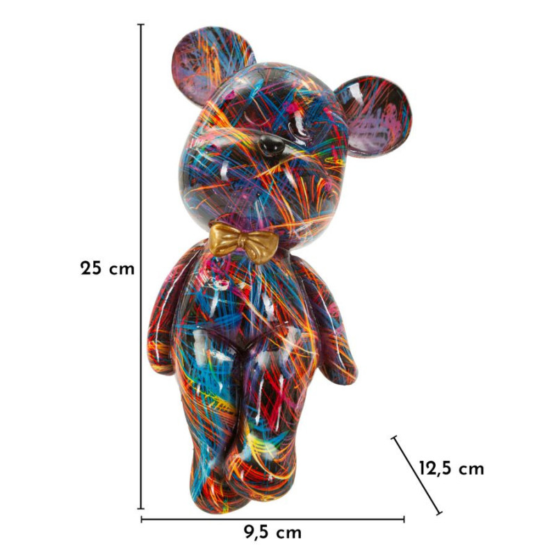 Statuette design Pop Art Ourson Chic Hauteur 25 cm Résine Multicolore Motif lignes Doré Psyco 