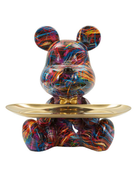 Statuette design Pop Art Ourson A avec plateau Hauteur 22 cm Résine Multicolore Doré Motif lignes Psyco 