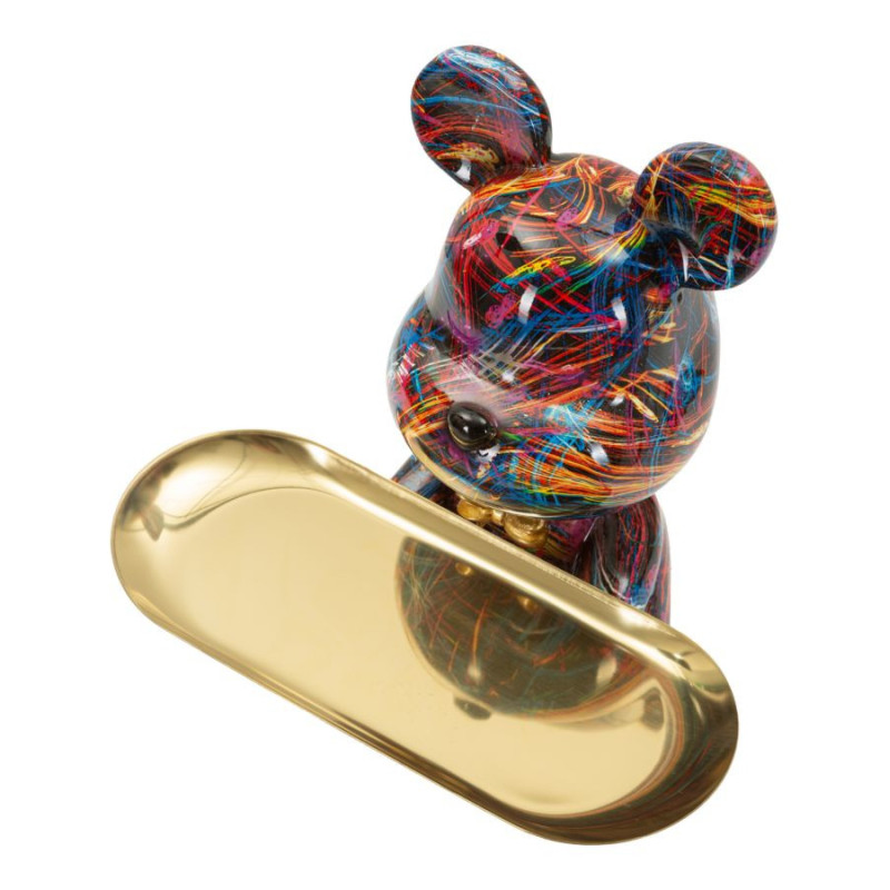 Statuette design Pop Art Ourson A avec plateau Hauteur 22 cm Résine Multicolore Doré Motif lignes Psyco 