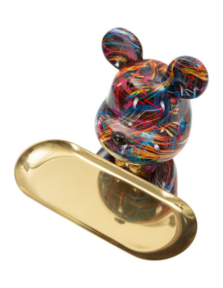 Statuette design Pop Art Ourson A avec plateau Hauteur 22 cm Résine Multicolore Doré Motif lignes Psyco 