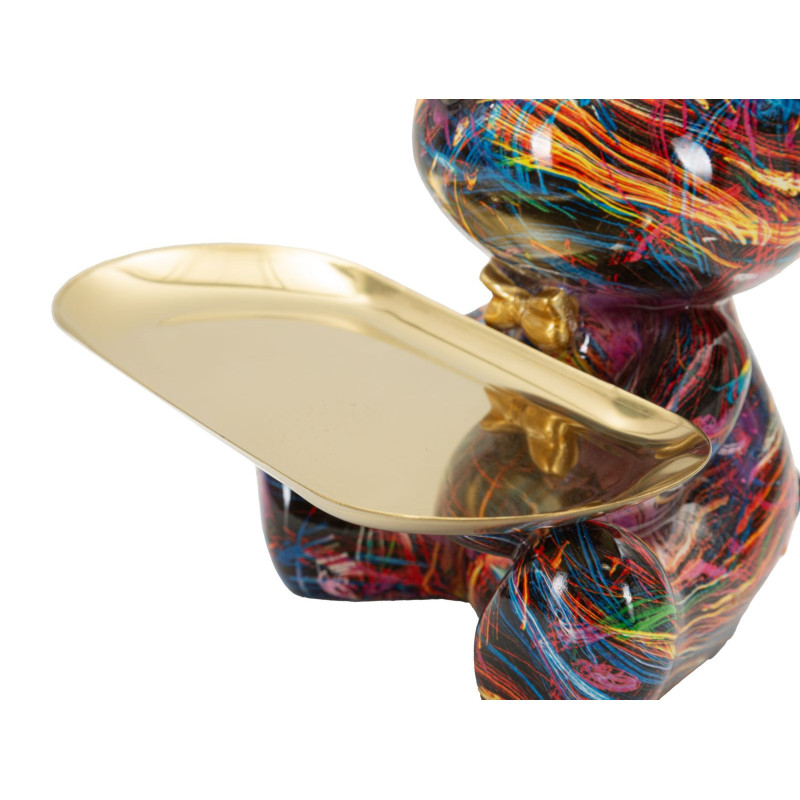 Statuette design Pop Art Ourson A avec plateau Hauteur 22 cm Résine Multicolore Doré Motif lignes Psyco 
