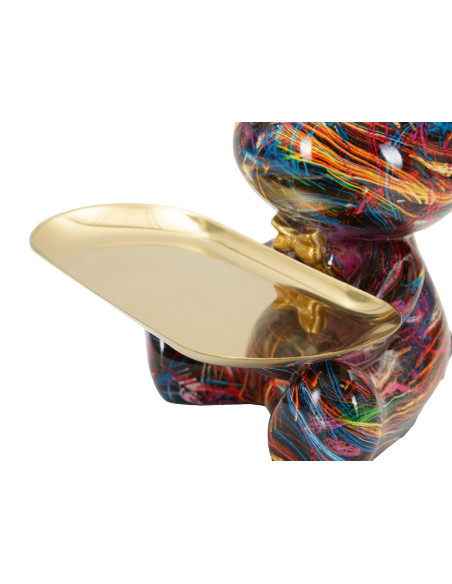 Statuette design Pop Art Ourson A avec plateau Hauteur 22 cm Résine Multicolore Doré Motif lignes Psyco 