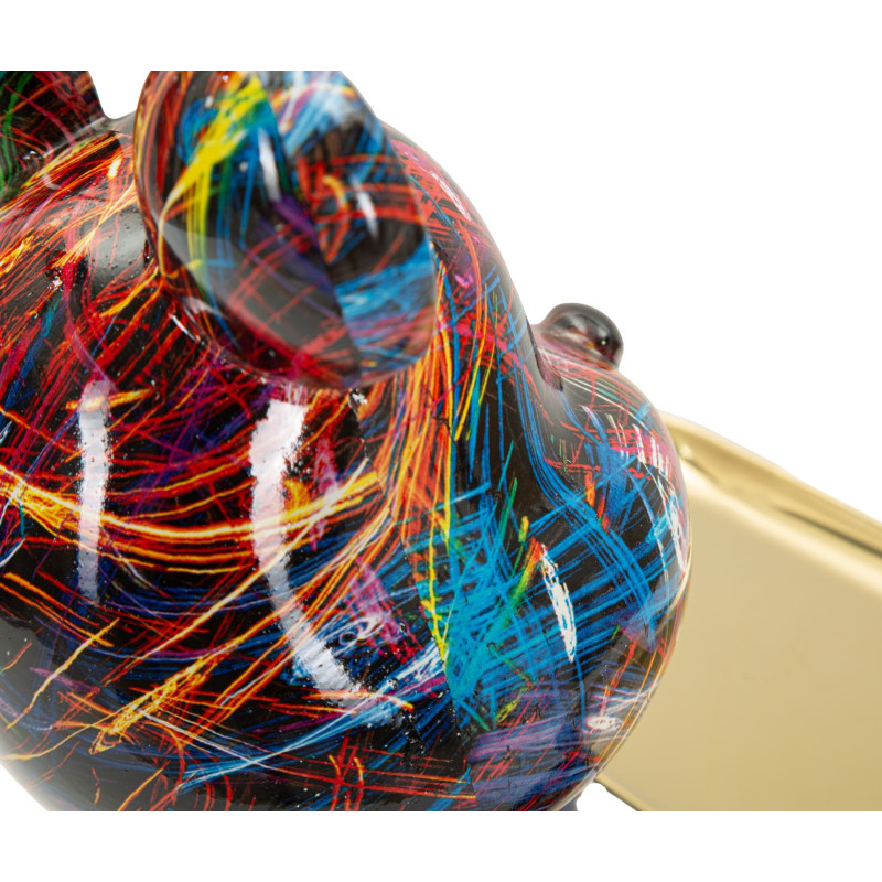 Statuette design Pop Art Ourson A avec plateau Hauteur 22 cm Résine Multicolore Doré Motif lignes Psyco 