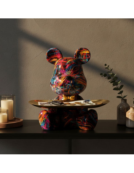 Statuette design Pop Art Ourson A avec plateau Hauteur 22 cm Résine Multicolore Doré Motif lignes Psyco 