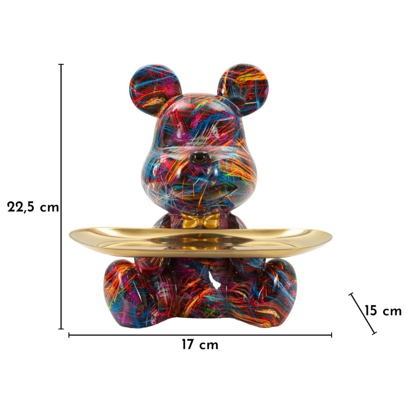 Statuette design Pop Art Ourson A avec plateau Hauteur 22 cm Résine Multicolore Doré Motif lignes Psyco 